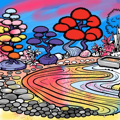 a serene zen garden with raked gravel, bonsai trees, and tranquil ponds