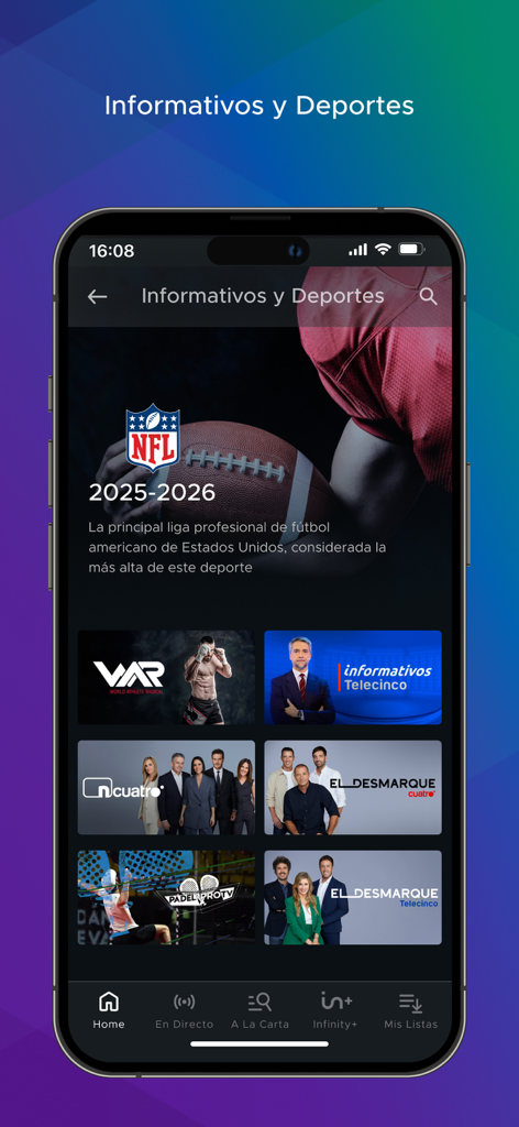 Mediaset Infinity España - Interface da aplicação Mediaset Infinity exibindo programas de desporto e notícias como a NFL e noticiários de TV espanhóis.