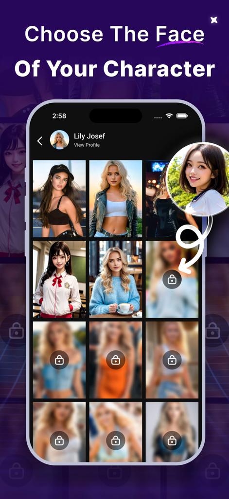 Oberfläche der Luvina-App, die ein Raster von weiblichen Avataren zeigt, um ein Charaktergesicht auszuwählen