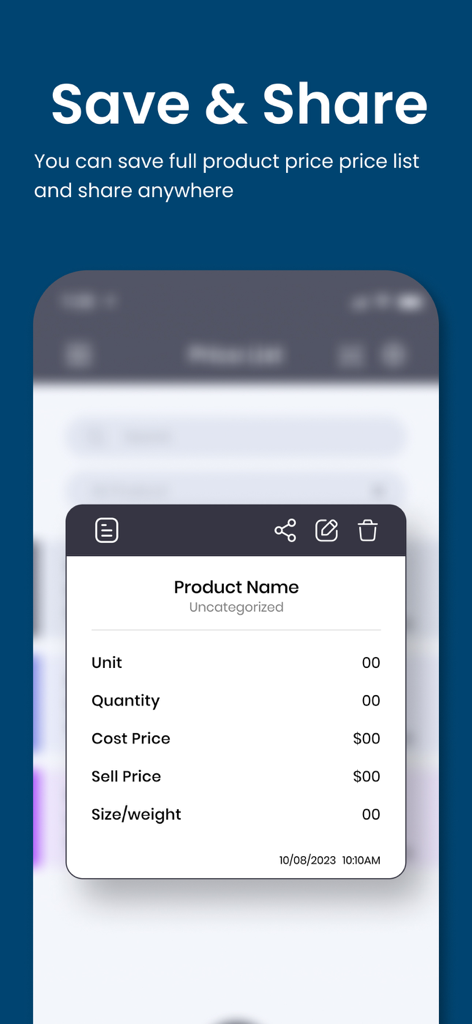 Price List Maker app interface showing product details and share options
