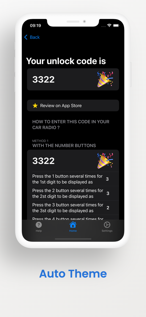 Car Radio Code - Rena - Ein Bildschirm einer mobilen App, der einen generierten Renault Radiosperrcode mit detaillierten Anweisungen zur Eingabe über die Radiotasten anzeigt.