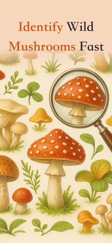 Mushroom Identifier & Forage - Vintage style illustration of various wild mushrooms with a magnifying glass and identification text