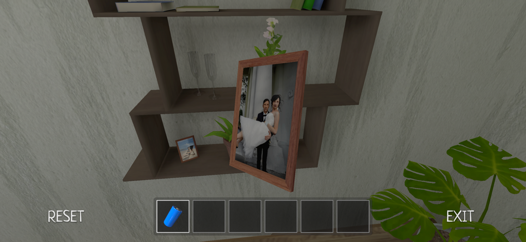 A schoolboy investigates a wedding photo on a shelf to find clues for his escape in the game Schoolboy Runaway Stealth