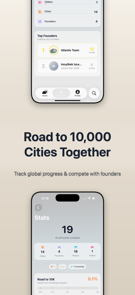 Atlantis AI - 3D Weather App - Interface of Atlantis AI weather app showing community stats and a leaderboard for city founders