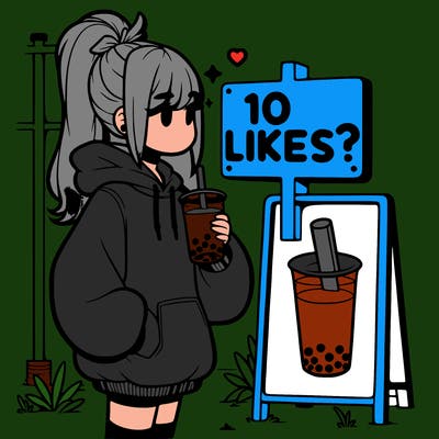 girl with oversized hoodie drinking boba and she has a high ponytail with a sign that says 10likes?
