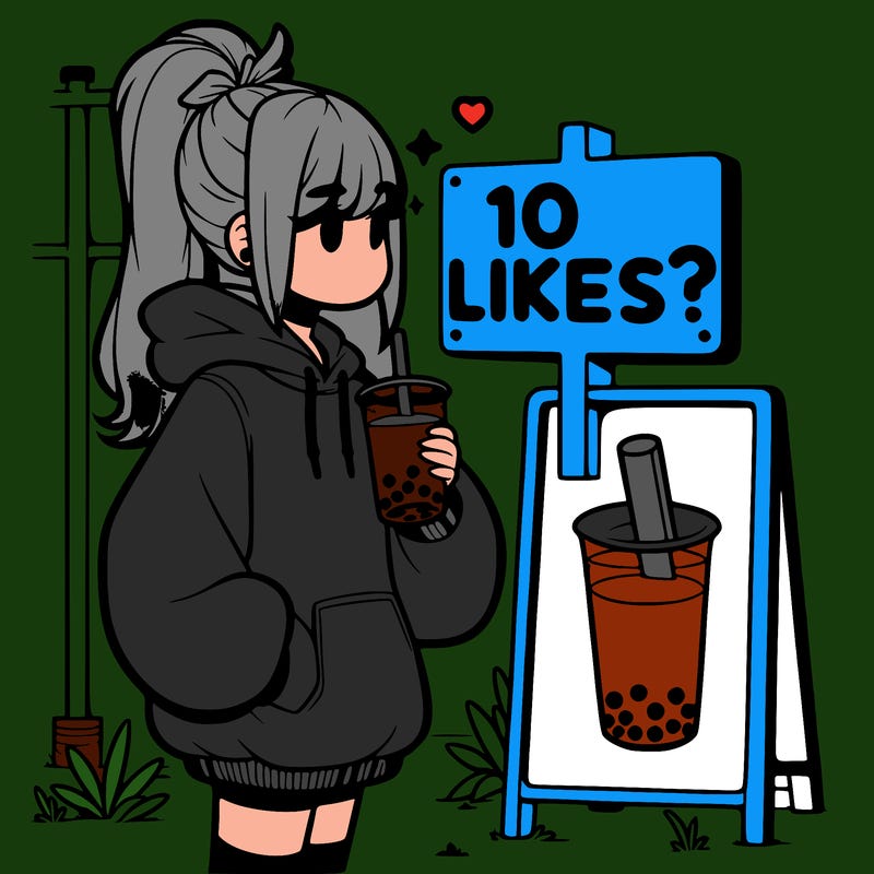 girl with oversized hoodie drinking boba and she has a high ponytail with a sign that says 10likes?