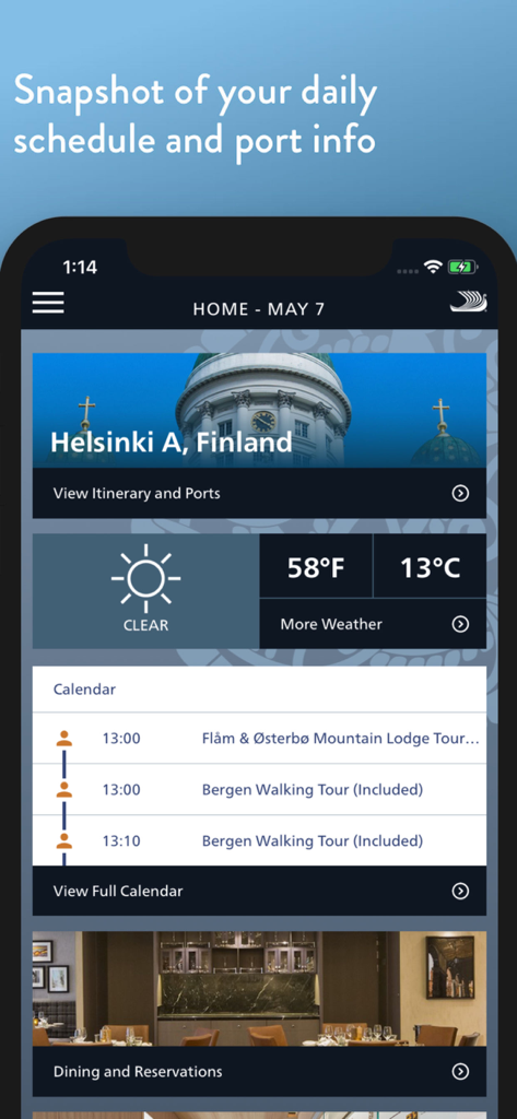 Viking Voyager app interface showing a daily cruise itinerary and port information for Helsinki Finland