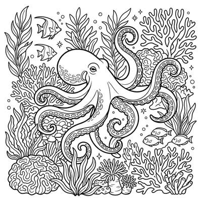Embark on an underwater adventure with this stunning Caribbean Reef Octopus coloring page. This intricate design features a magnificent octopus amid coral reefs and marine life, offering hours of creative relaxation.