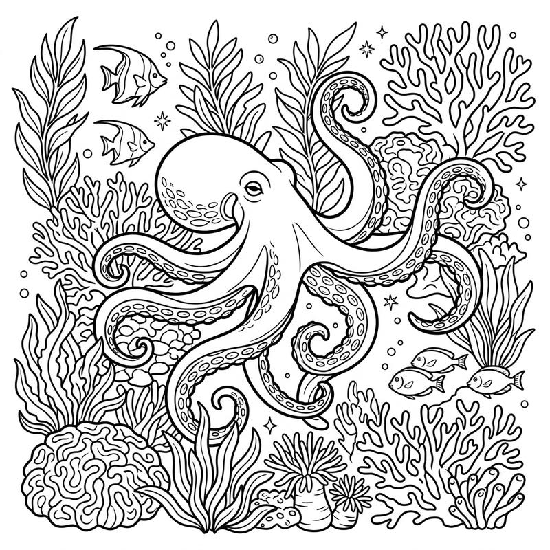 Embark on an underwater adventure with this stunning Caribbean Reef Octopus coloring page. This intricate design features a magnificent octopus amid coral reefs and marine life, offering hours of creative relaxation.
