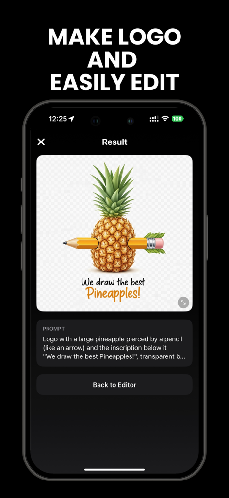 テキストプロンプト付きのAI生成パイナップルロゴデザインを示すPictorAIアプリインターフェース