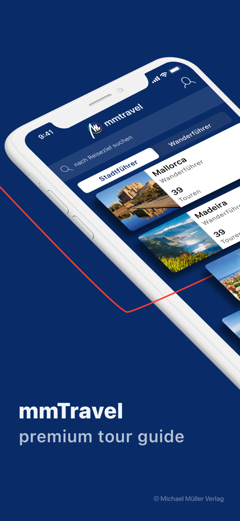 mmTravel travel guide explorer - mmTravel mobile App-Oberfläche, die kuratierte Stadt- und Wanderführer auf einem Smartphone zeigt
