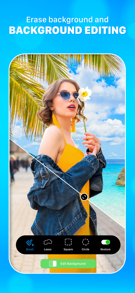 Magic Eraser -Remove Any Thing - Uma comparação antes e depois mostrando o plano de fundo da foto de uma mulher alterado de uma rua para uma praia tropical usando o aplicativo Borracha Mágica.