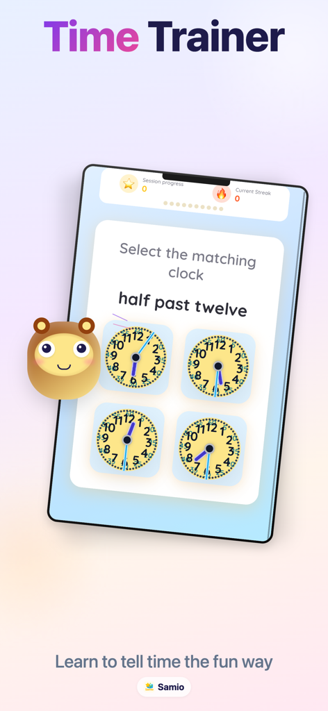 Samio Learning - Samio Learning app Time Trainer interface showing a clock matching quiz for kids