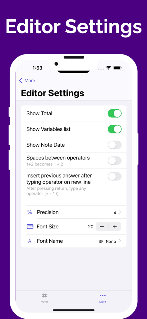 CalcMate - notes calculator - CalcMate app editor settings screen showing customization options for totals fonts and variables