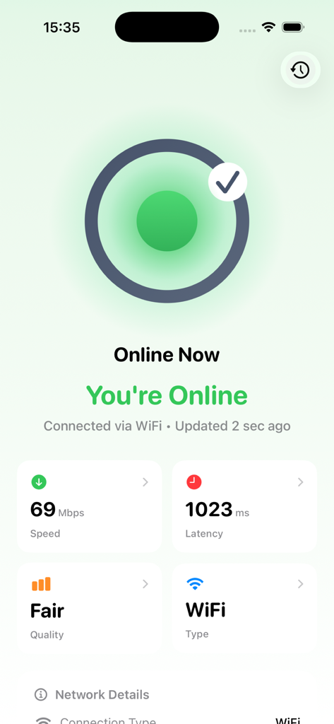 OnlineNow dashboard displaying internet connectivity status speed and latency
