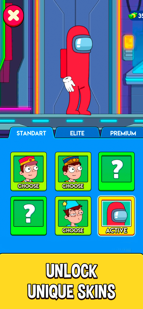 A game screen for Hotel Elevator showing a variety of unlockable concierge skins including a red space suit