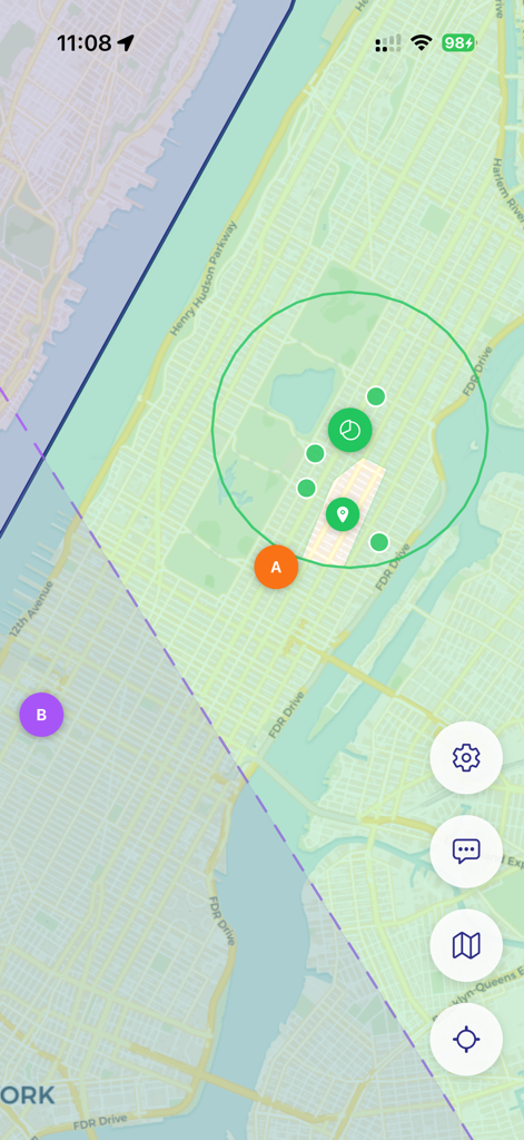 Jet Lag: Hide & Seek Mapper - Map view in the Jet Lag Hide and Seek Mapper app with location pins and search radii