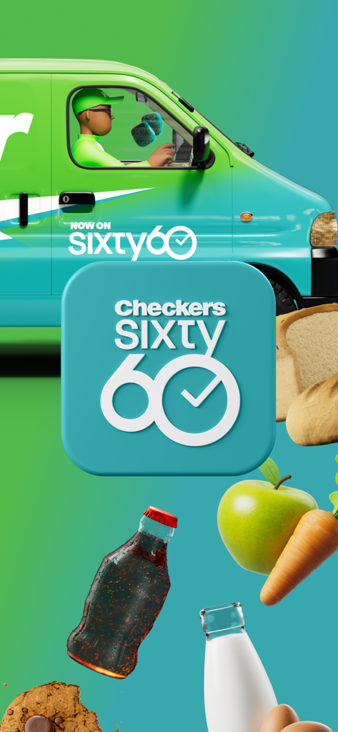 Checkers Sixty60 - Checkers Sixty60 app logo featuring a delivery van and floating groceries like bread milk and vegetables