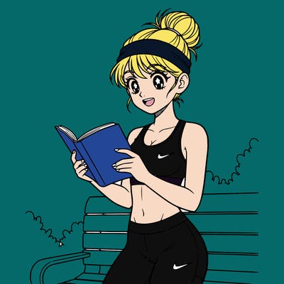 draw a girl reading a book with her hair in a bun and a headband; for her outfit, dress her in a nike sports bra and nike leggings.
