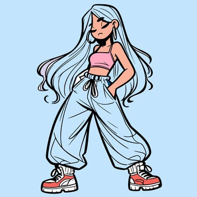 girl in baggy pants crop top and long hair