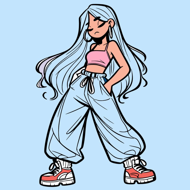 girl in baggy pants crop top and long hair