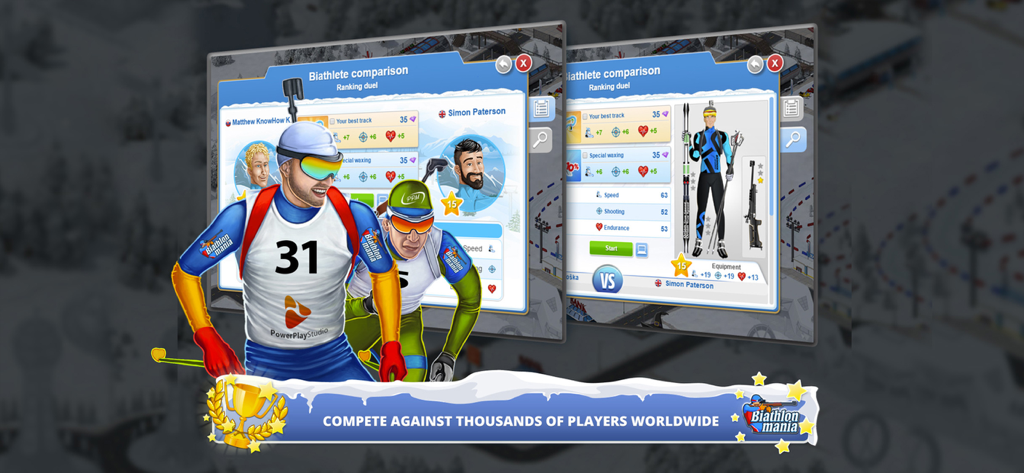 Biathlon Mania ranking duel screen comparing biathlete stats and equipment