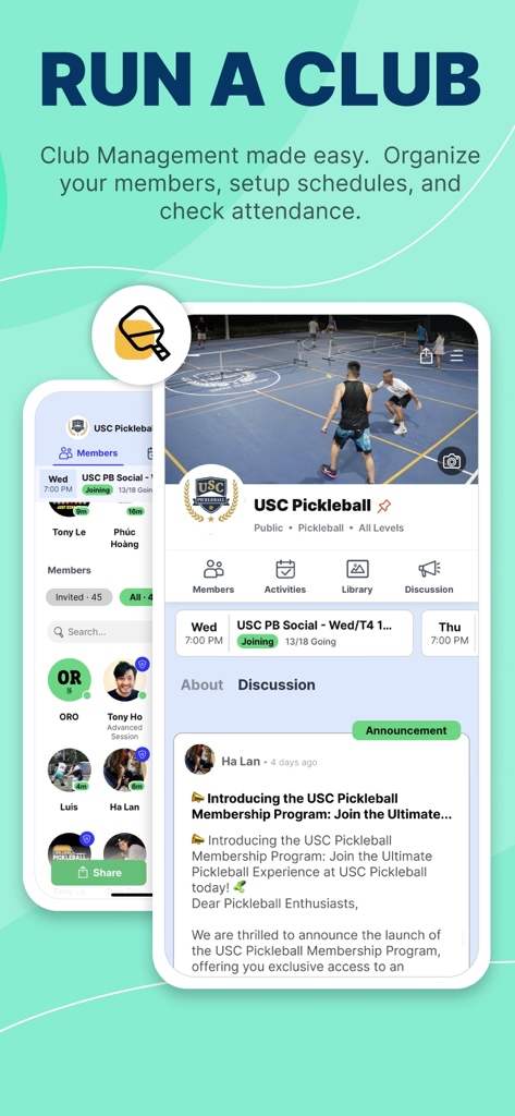 Reclub mobile app interface showing pickleball club management tools with member lists and activity schedules