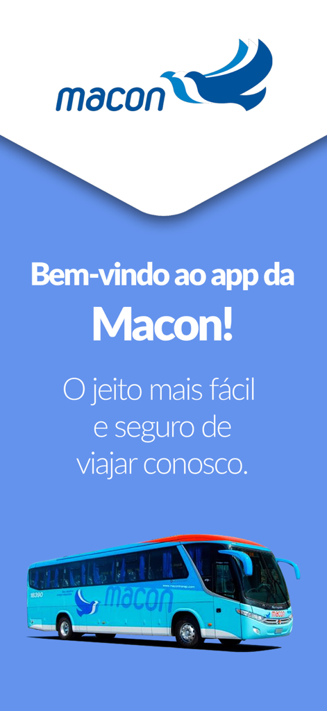 Macon Transportes - Macon Transportesアプリのウェルカム画面。青い長距離バスと会社のロゴが表示されています。