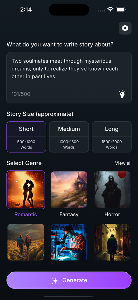 AI Story Creator - Novel Book - The AI Story Creator app interface for entering a story prompt and selecting story size and genre.