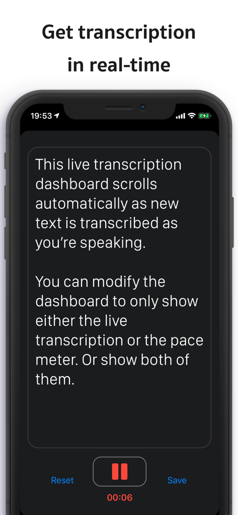 Live Transcribe: Transcrybr - iPhone screen displaying real-time text transcription within the Transcrybr app interface