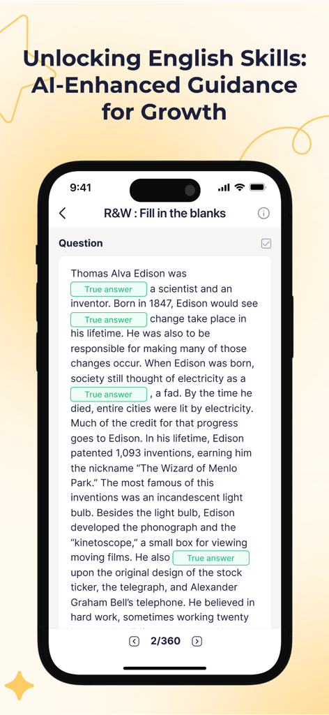 Interface do aplicativo PTE Magic exibindo uma questão de prática de preencher as lacunas de leitura e escrita com orientação de IA.
