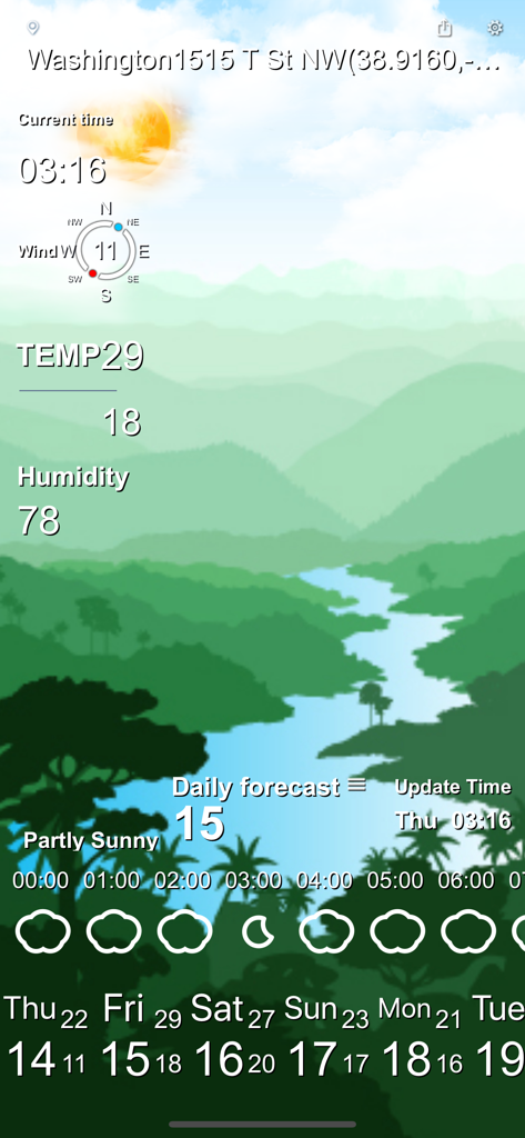Radar Weather - Rain Forecast - Weather forecast dashboard showing current conditions and a 7-day outlook with a stylized landscape background