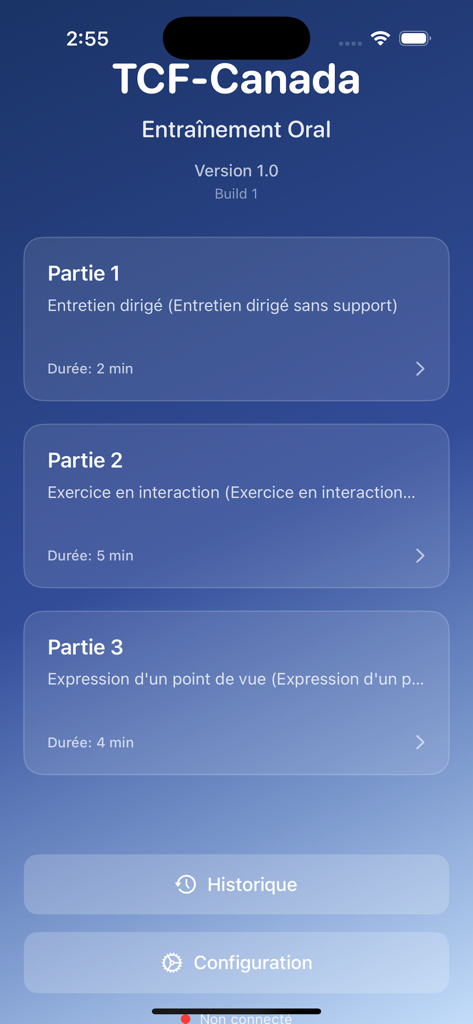 Menú principal de la aplicación TCF Canada Speaking Test Coach que muestra las tres partes de la simulación del examen oral