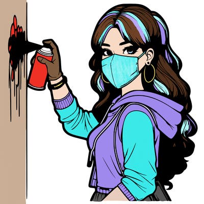 realistic girl with mask spray painting a wall