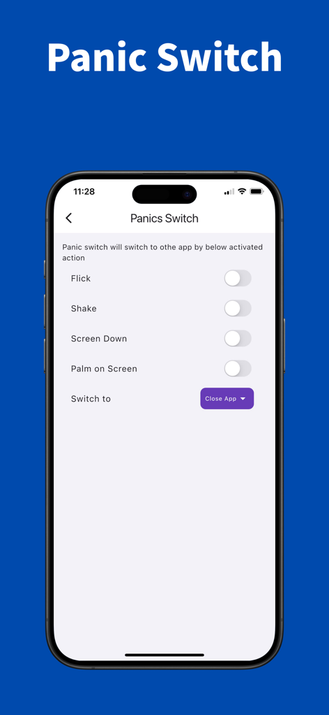 Calculator Vault - Privacy - Tela de configurações do Botão de Pânico no aplicativo Calculator Vault mostrando vários gatilhos de gestos para ocultar conteúdo privado