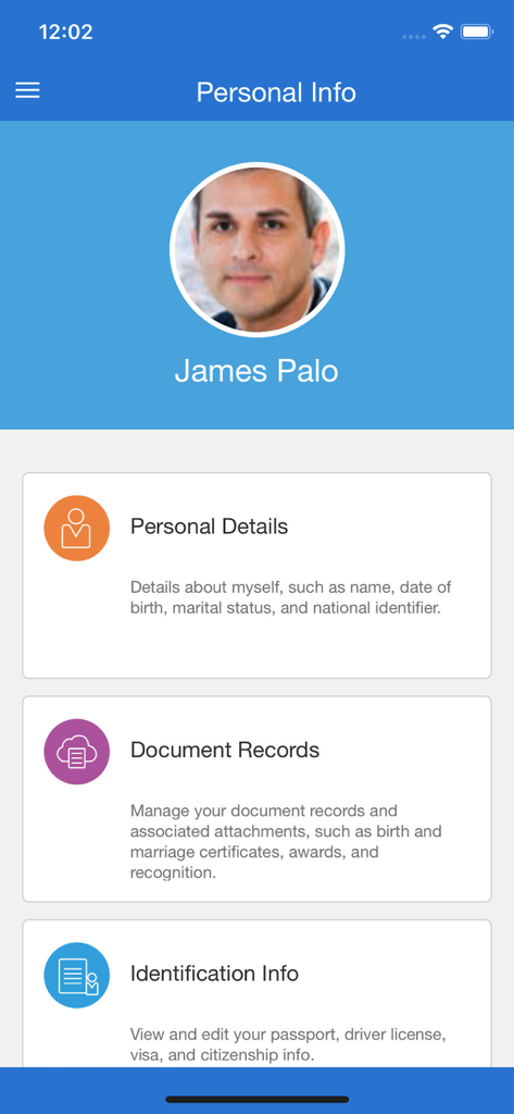 Oracle Fusion Applications personal information screen showing an employee profile with sections for personal details and document records