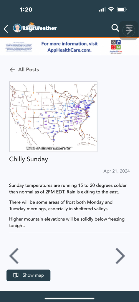 RaysWeather.Com Mobile - RaysWeather app screen showing a weather report titled Chilly Sunday with a United States temperature map.