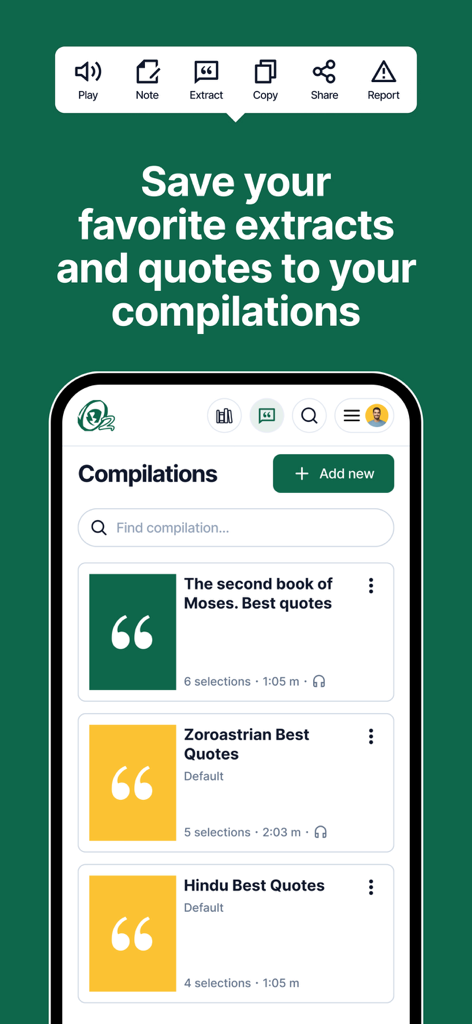 Ocean 2.0 Interfaith Reader - Interface of the Ocean 2.0 app showing a list of personalized quote compilations from various world religions including Moses and Hindu texts.