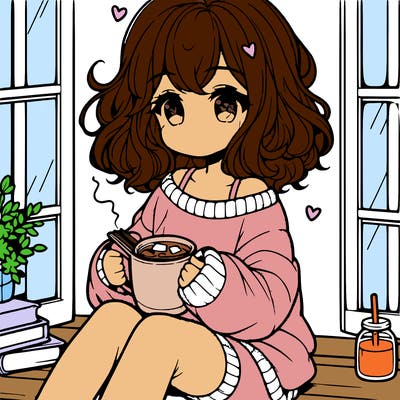 cute anime girl reading book and drinking hot chocolate from mug with loose wavy hair wearing a baggy sweatshirt and shorts sitting by windowsill looking out