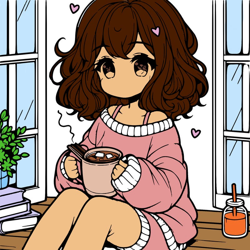 cute anime girl reading book and drinking hot chocolate from mug with loose wavy hair wearing a baggy sweatshirt and shorts sitting by windowsill looking out