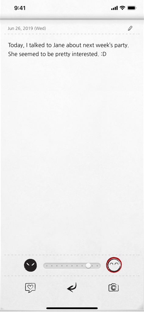 My Wonderful Days Journal - 下部にあるテキストメモと幸福度スライダーを備えた、紙のテクスチャの背景を持つデジタルジャーナルエントリインターフェース