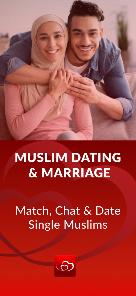 A smiling young Muslim couple embracing above text for Muslim dating and marriage