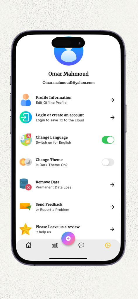 CashBot — Smart Budget - CashBot app settings screen with user profile and customization options