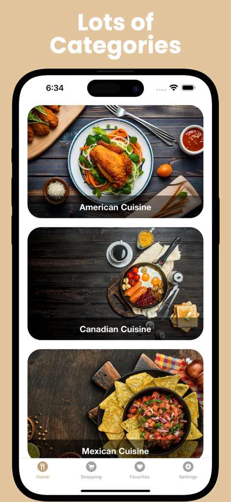 Daily Recipes: World Cuisines - Interface do aplicativo Receitas Diárias mostrando categorias de alimentos para culinárias americana, canadense e mexicana