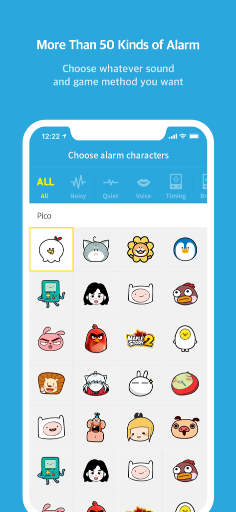 AlarmMon app interface for choosing from various cute alarm characters and game styles.