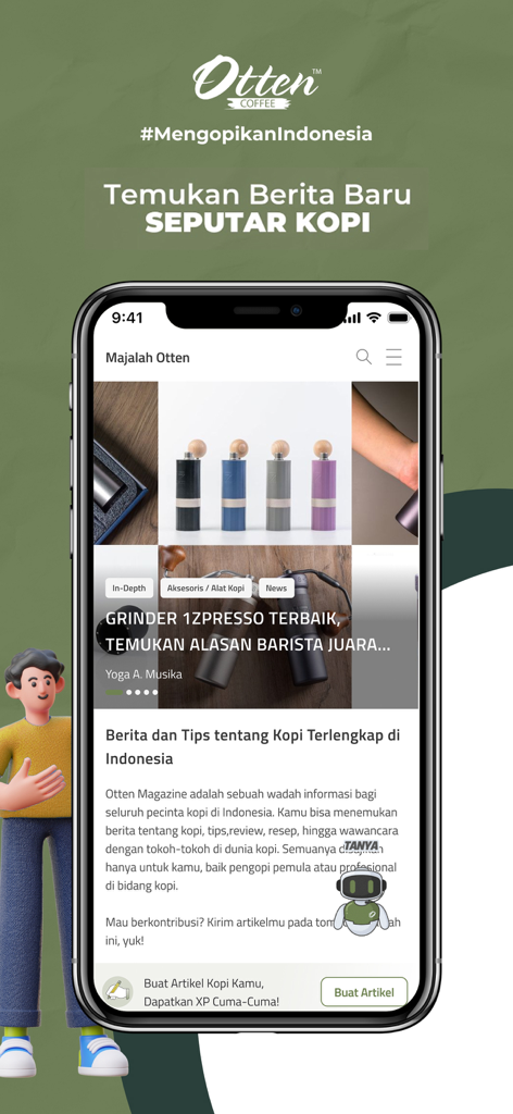Screenshot des Magazin-Bereichs der Otten Coffee App mit Artikeln über Kaffeemühlen und Brüh-Tipps