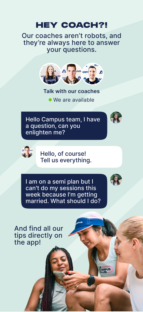 Campus Coach-Running & Trail - チャット経由で人間の専門コーチにアクセスできることを強調するCampus Coachアプリのインターフェース。