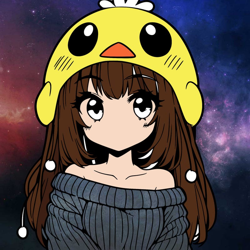 anime girl with chick shaped hat with sweater with bare shoulders with bangs covering them one eye with low tail