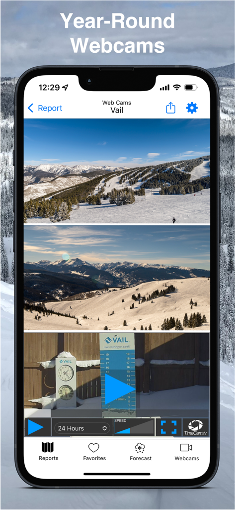 Colorado Snow Map & Webcams - Smartphone screen displaying live mountain webcams and snow measurement stakes for Vail ski resort.