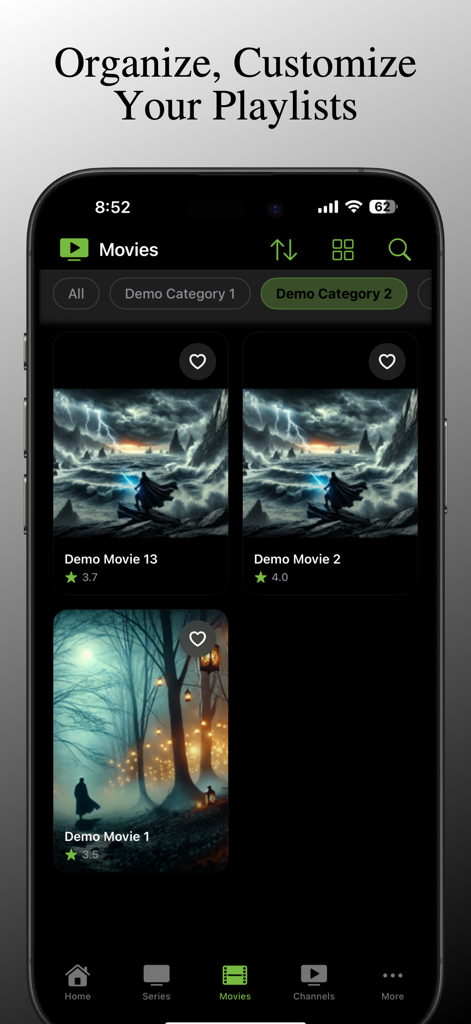 iPTV Player + App-Oberfläche, die organisierte Film-Playlists mit Kategorie-Filtern und Postern im Dunkelmodus zeigt
